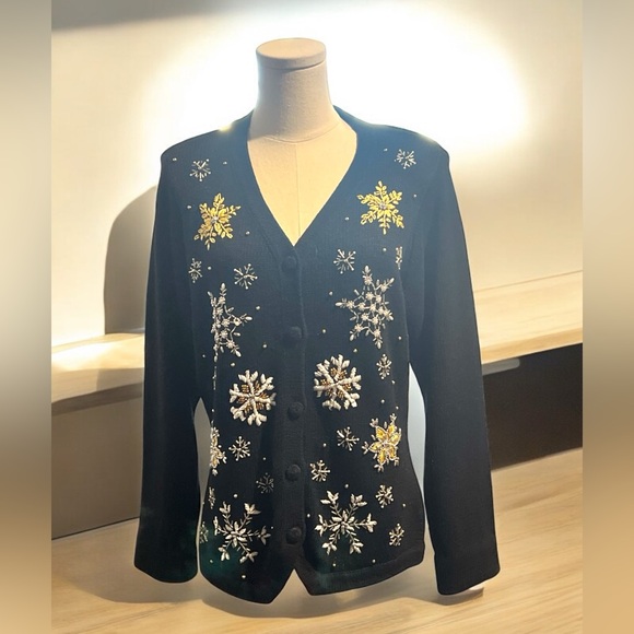 Vintage Victoria Jones Holiday Black Cardigan Sweater Size Small. - Picture 5 of 7